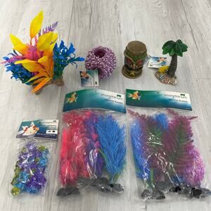 13-Piece Fish Tank Decor Bundle Tiki  Palm Tree Vibrant Plants Tropical Bright